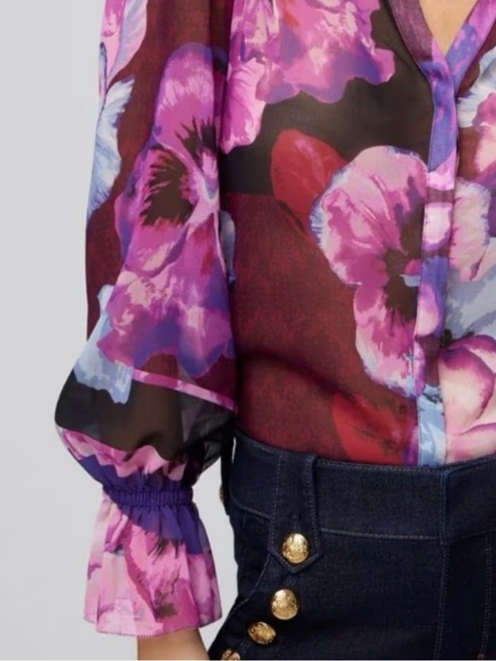 White House Black Market Purple Floral Tie-Neck Blouse - Picture 2 of 8